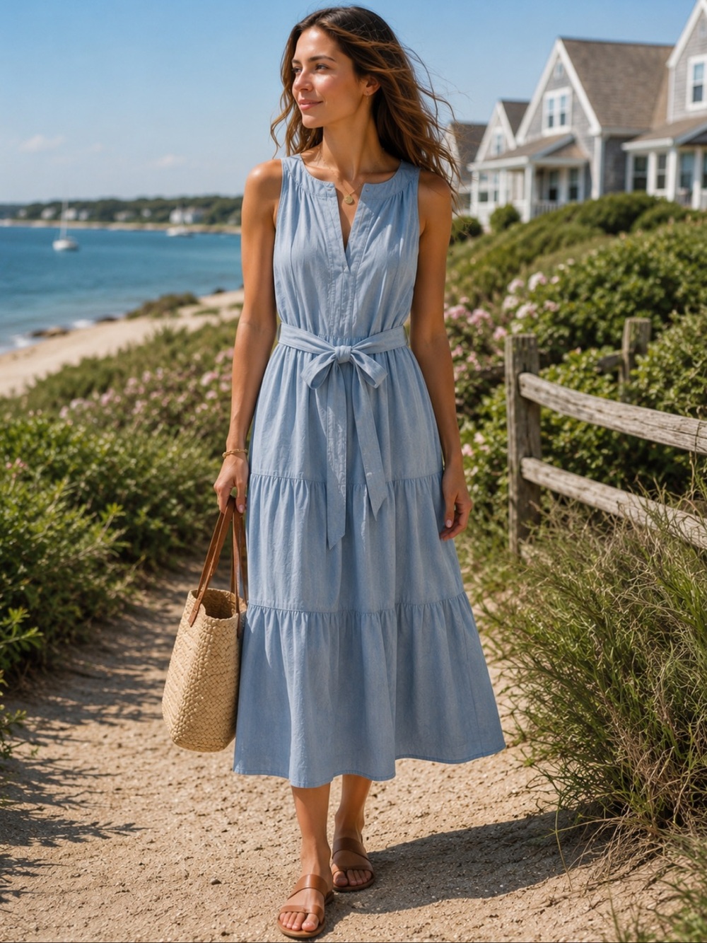 NWOT Parker Women’s Sleeveless Light Blue‎ Tiered Midi Dress with Tie Waist